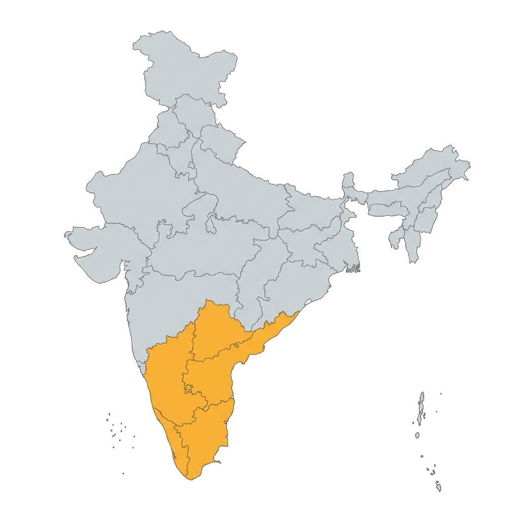 Plain cartographic map of India in grey with southern states highlighted in yellow