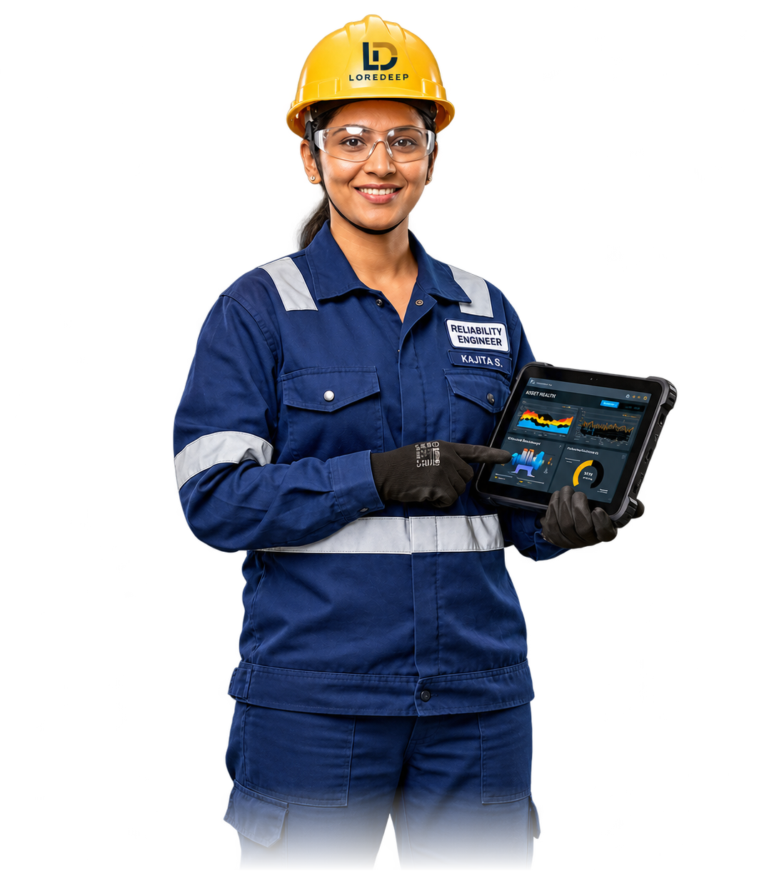 Loredeep Indian industrial reliability engineer in safety hard hat and high-visibility uniform holding plant diagnostics