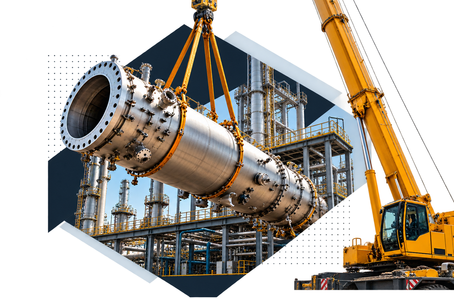 Industrial heavy-lift crane hoisting a massive pressure vessel column at a plant relocation project with geometric facet and technical dot matrix