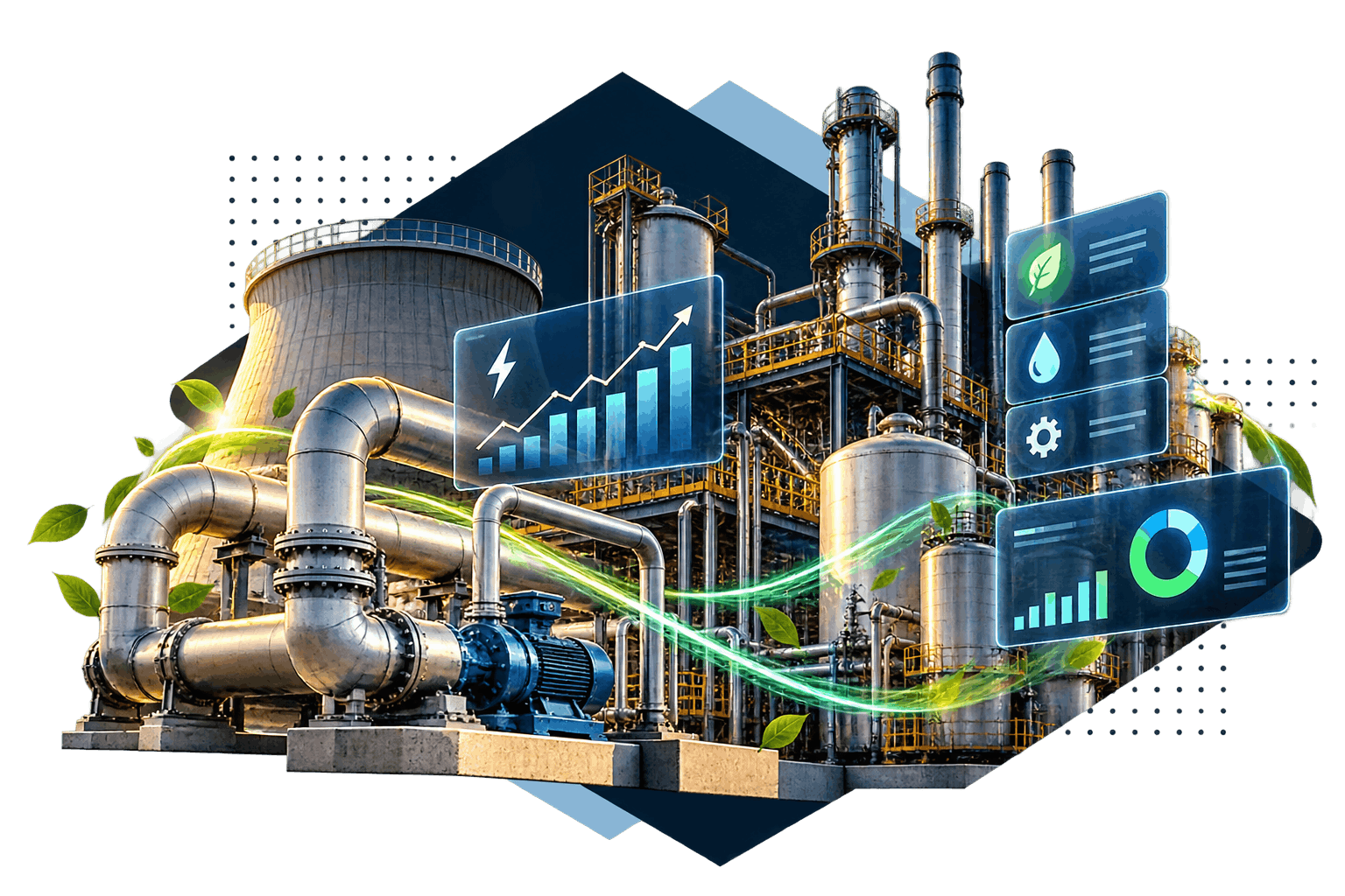 Industrial clean energy efficiency, smart power monitoring, solar & heat recovery systems with geometric facet and technical dot matrix