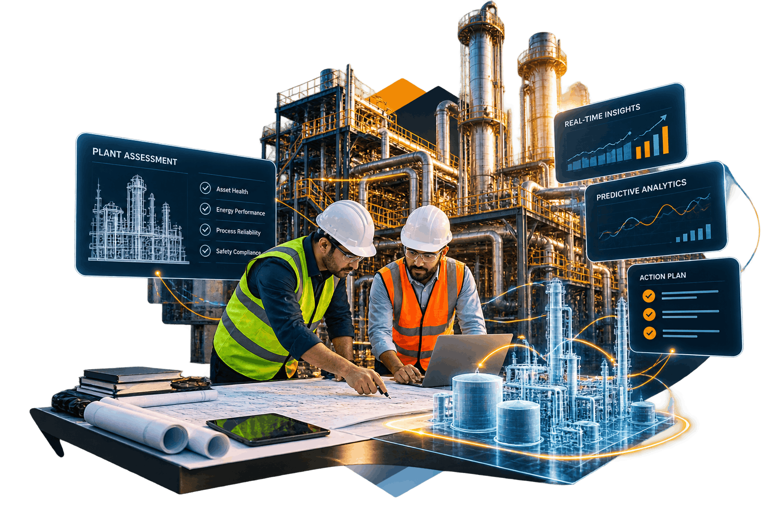 Industrial engineering consulting, factory audit digital twin blueprints, telemetry sensors, and advisory analytics