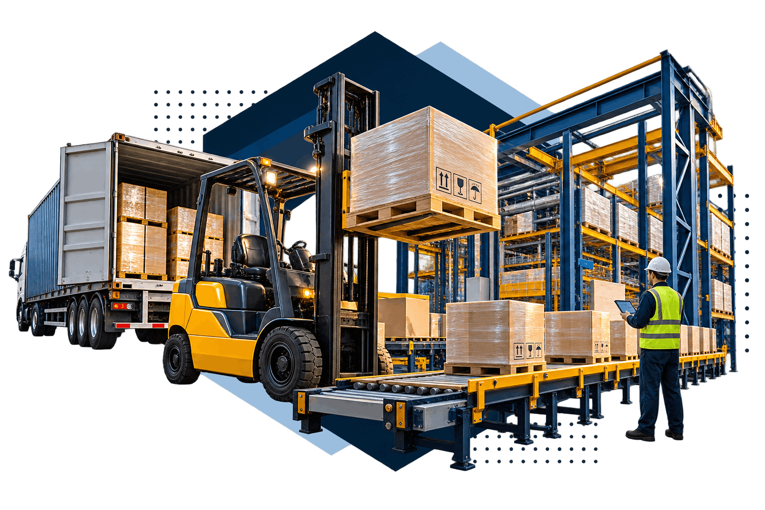 Industrial automated material handling, automated guided vehicles (AGV), smart warehouse racking, and logistics flow