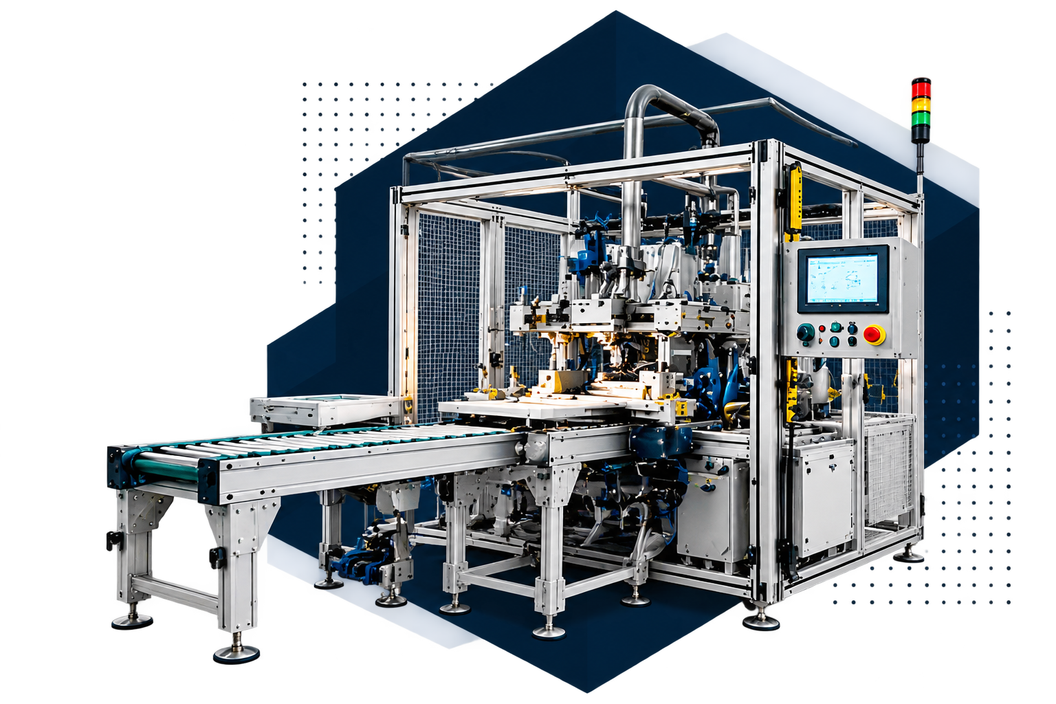 Advanced production engineering and assembly automation equipment with geometric facet and technical dot matrix