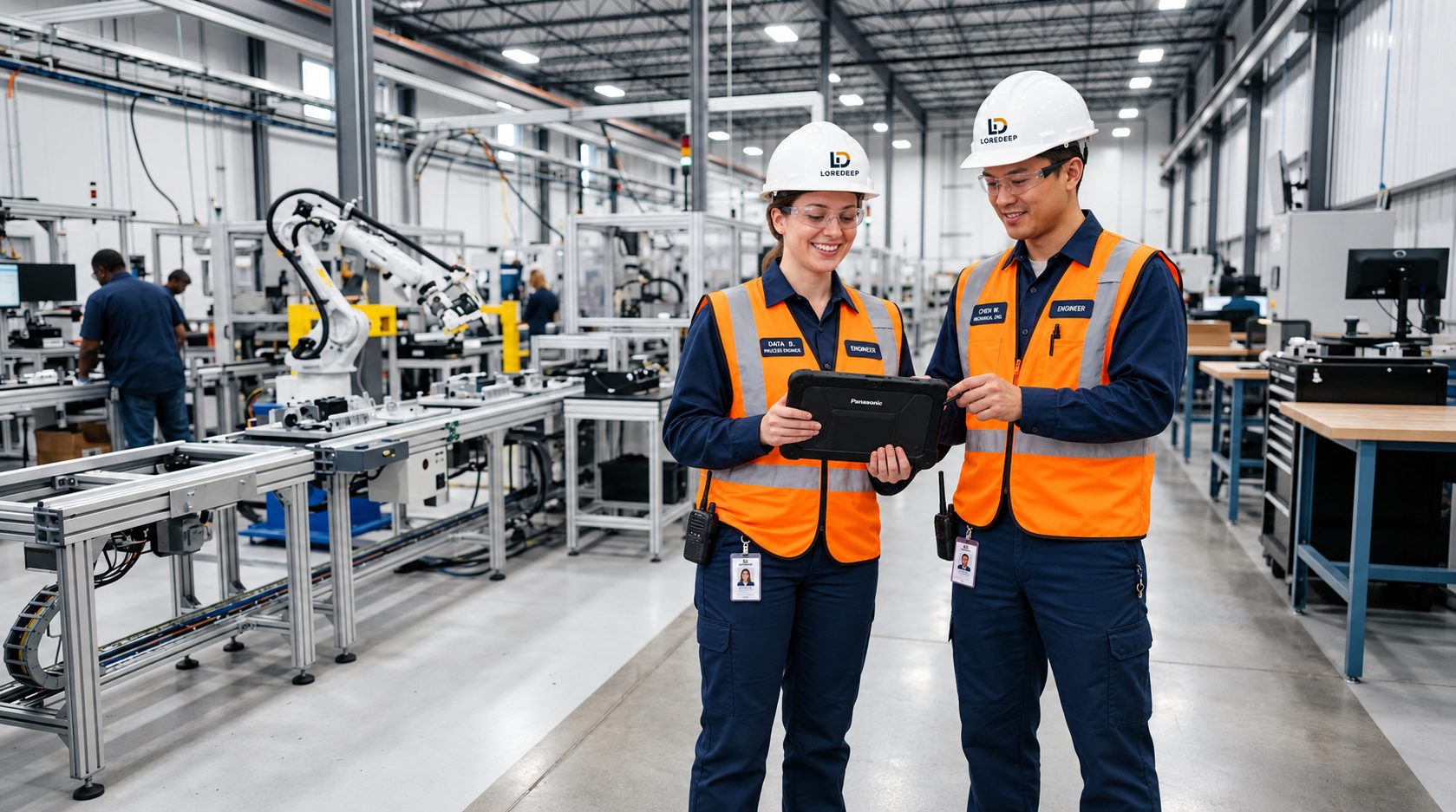 Loredeep industrial engineers in branded safety hard hats with diagnostics in modern manufacturing facility