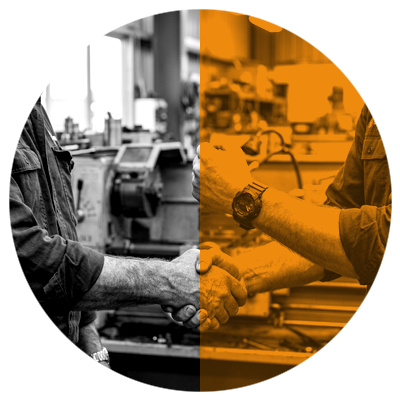 Integrity - Professional engineering handshake on amber split circle