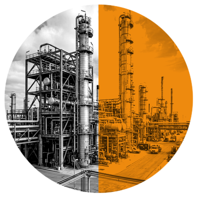 Technical Excellence - Industrial refinery distillation columns on amber split circle