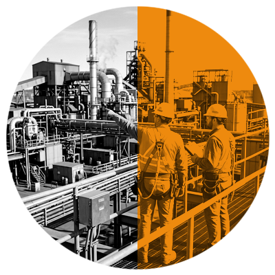 Customer Success - Two industrial engineers pointing to plant on amber split circle