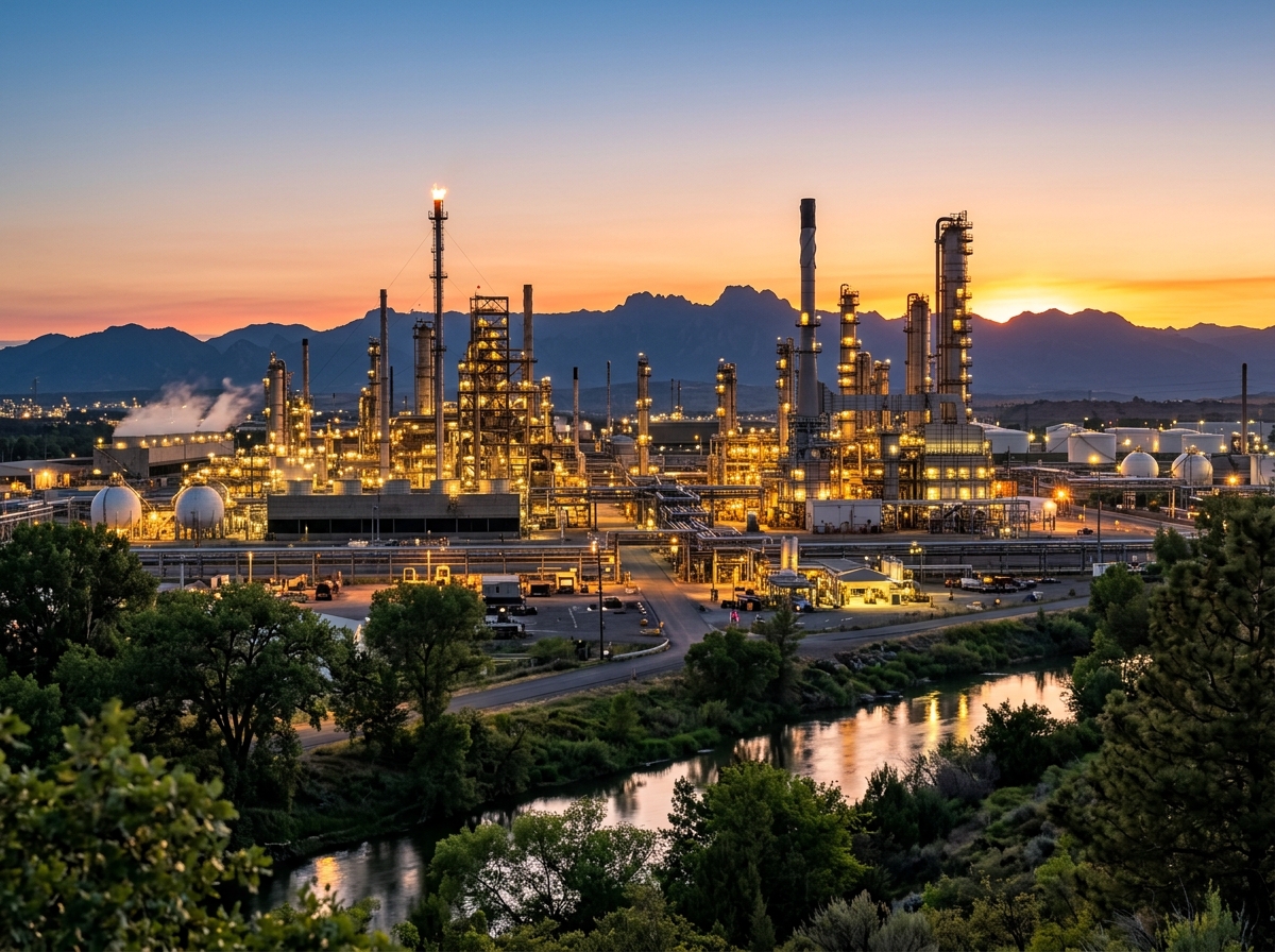 Industrial petrochemical refinery plant at sunset